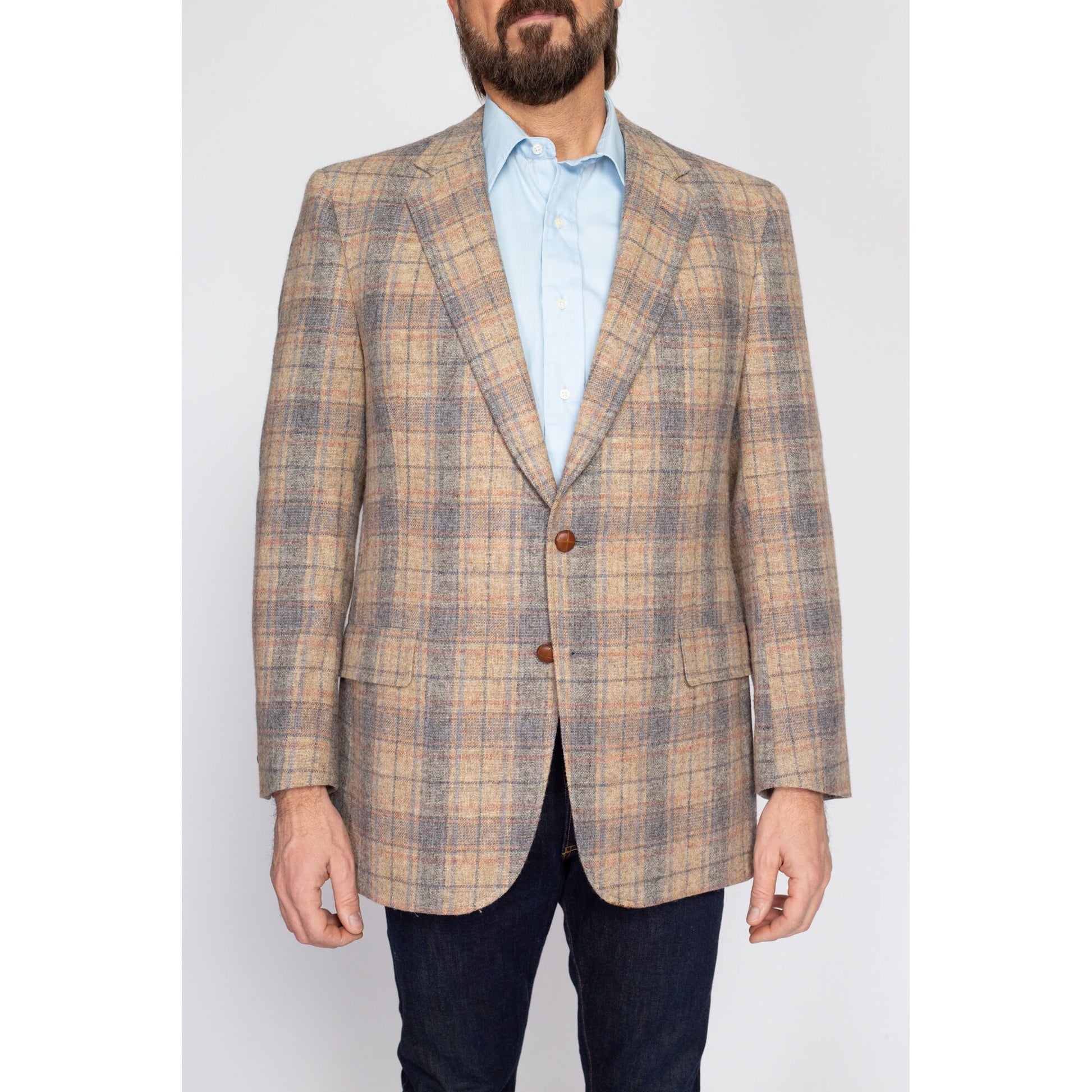 Medium 70s 80s Austin Reed Plaid Wool Sport Coat | Vintage Menswear Button Up Notched Collar Blazer Jacket