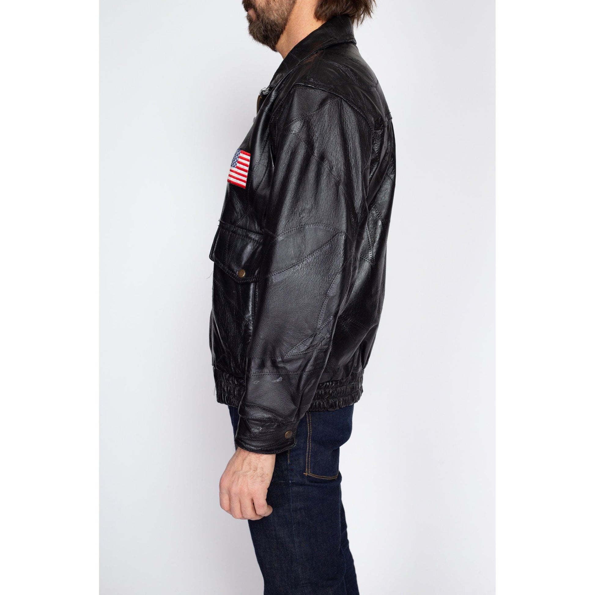 Medium 90s Black Patchwork Leather American Flag Moto Jacket | Vintage Eagle Patch Zip Up Motorcycle Biker Coat