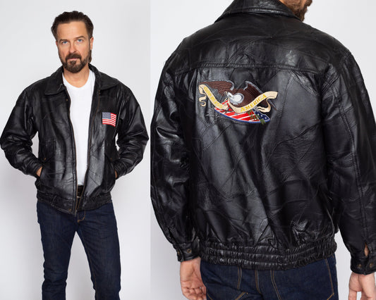 Medium 90s Black Patchwork Leather American Flag Moto Jacket | Vintage Eagle Patch Zip Up Motorcycle Biker Coat