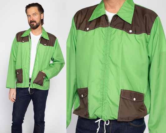 Large 70s Mod Green Color Block Windbreaker | Retro Vintage Lightweight Zip Up Drawstring Waist Jacket