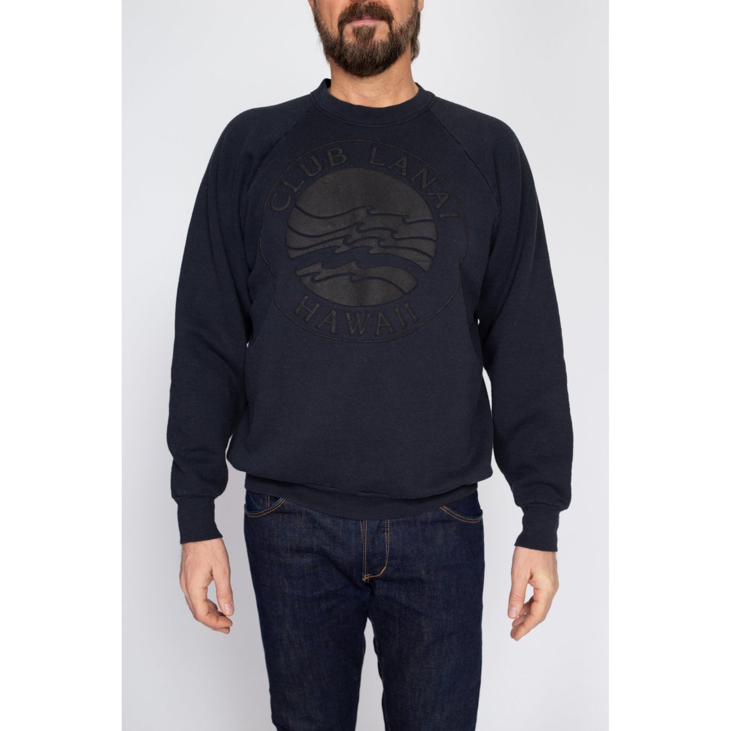 Large 90s Hawaii Club Lanai Black Sweatshirt | Vintage Two Tone Puffy Graphic Hawaiian Island Resort Tourist Crewneck
