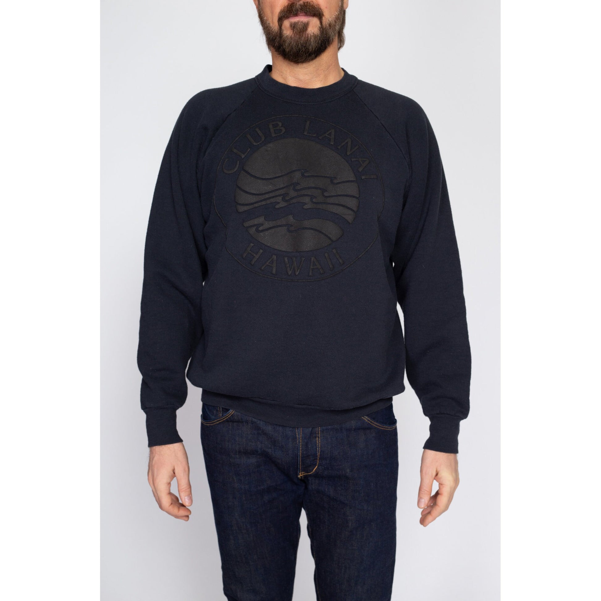Large 90s Hawaii Club Lanai Black Sweatshirt | Vintage Two Tone Puffy Graphic Hawaiian Island Resort Tourist Crewneck