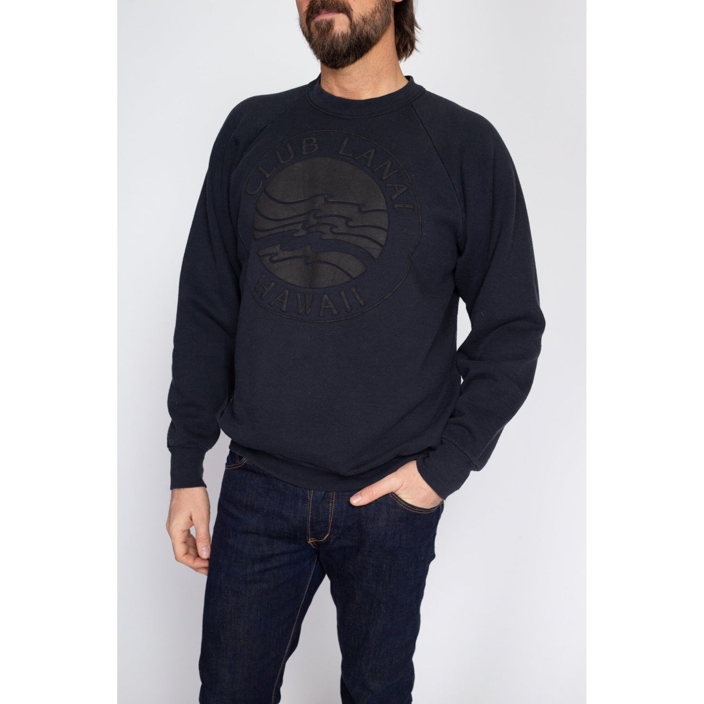 Large 90s Hawaii Club Lanai Black Sweatshirt | Vintage Two Tone Puffy Graphic Hawaiian Island Resort Tourist Crewneck