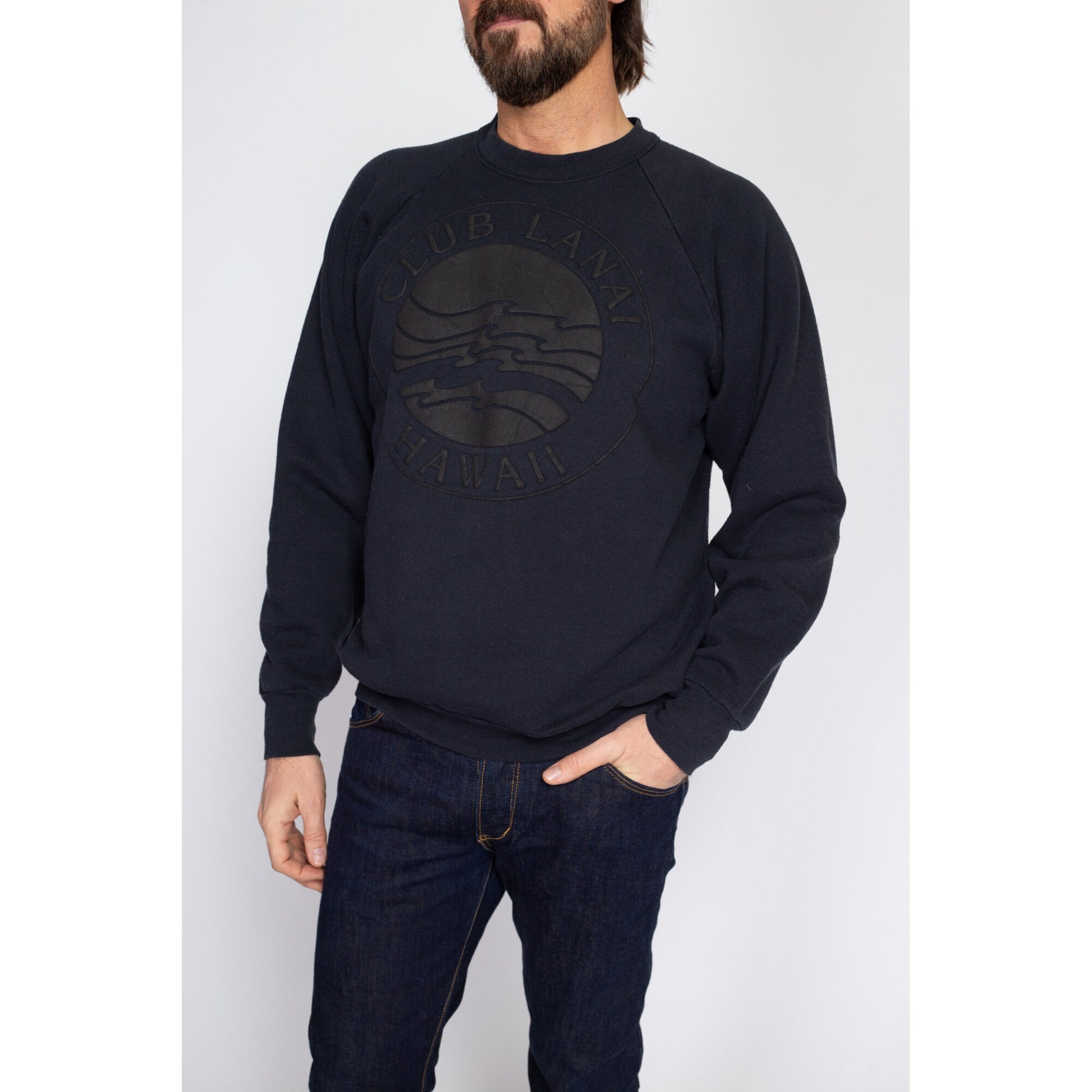 Large 90s Hawaii Club Lanai Black Sweatshirt | Vintage Two Tone Puffy Graphic Hawaiian Island Resort Tourist Crewneck