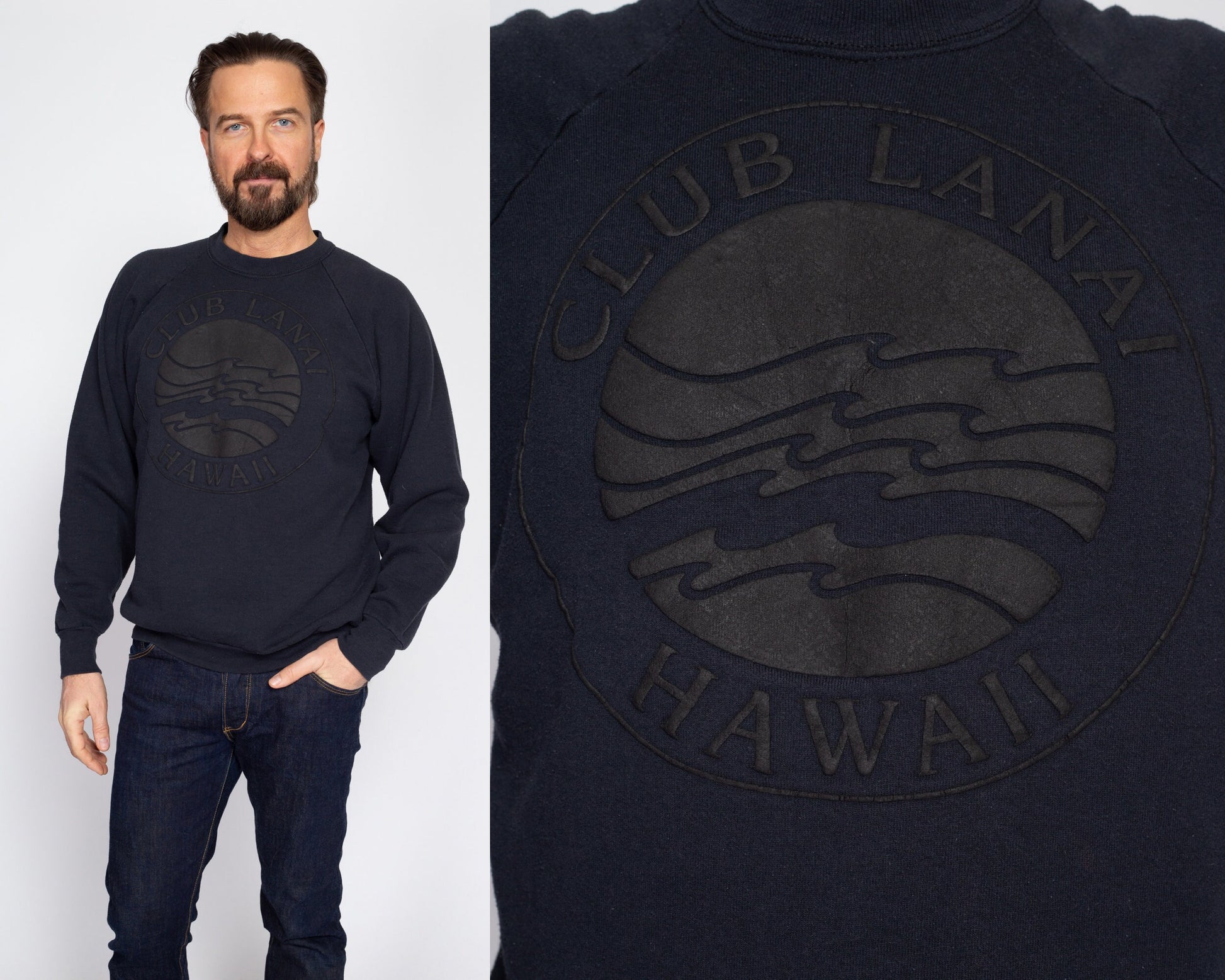 Large 90s Hawaii Club Lanai Black Sweatshirt | Vintage Two Tone Puffy Graphic Hawaiian Island Resort Tourist Crewneck