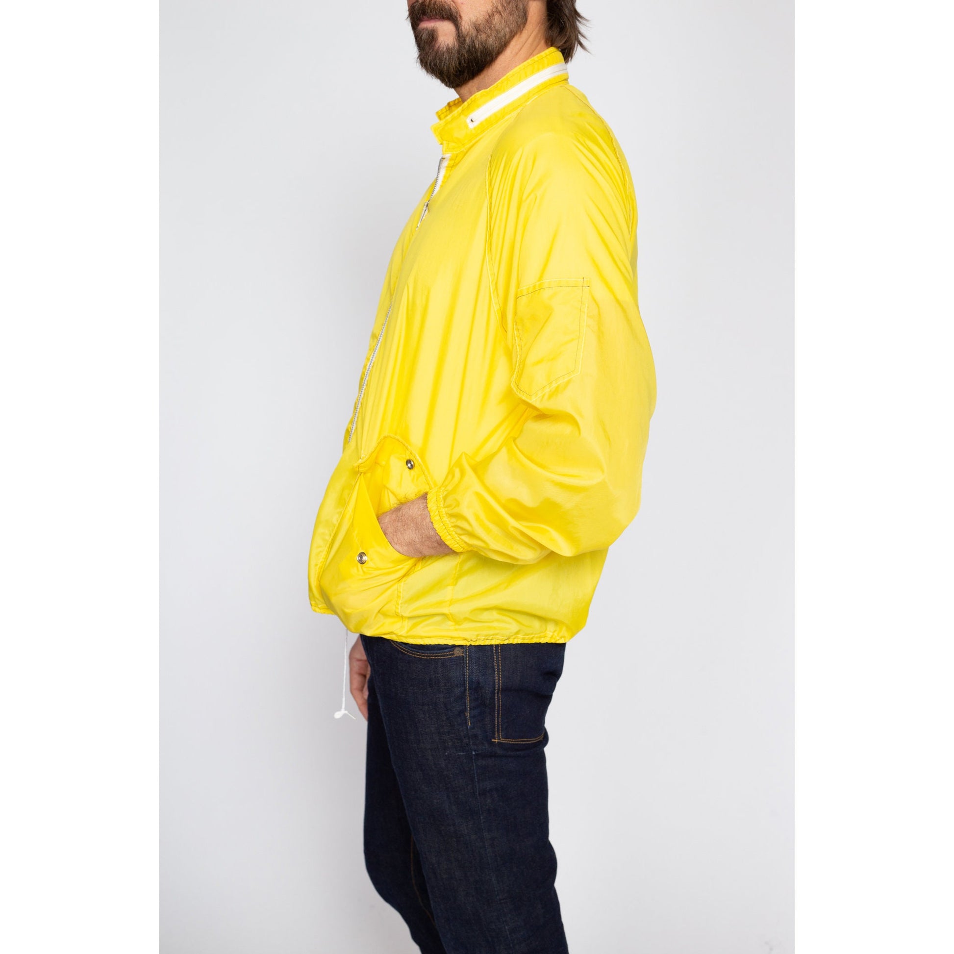 Large 70s Retro Yellow Hooded Windbreaker | Vintage Lightweight Zip Up Drawstring Waist Rain Jacket