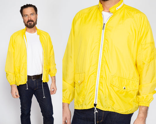 Large 70s Retro Yellow Hooded Windbreaker | Vintage Lightweight Zip Up Drawstring Waist Rain Jacket