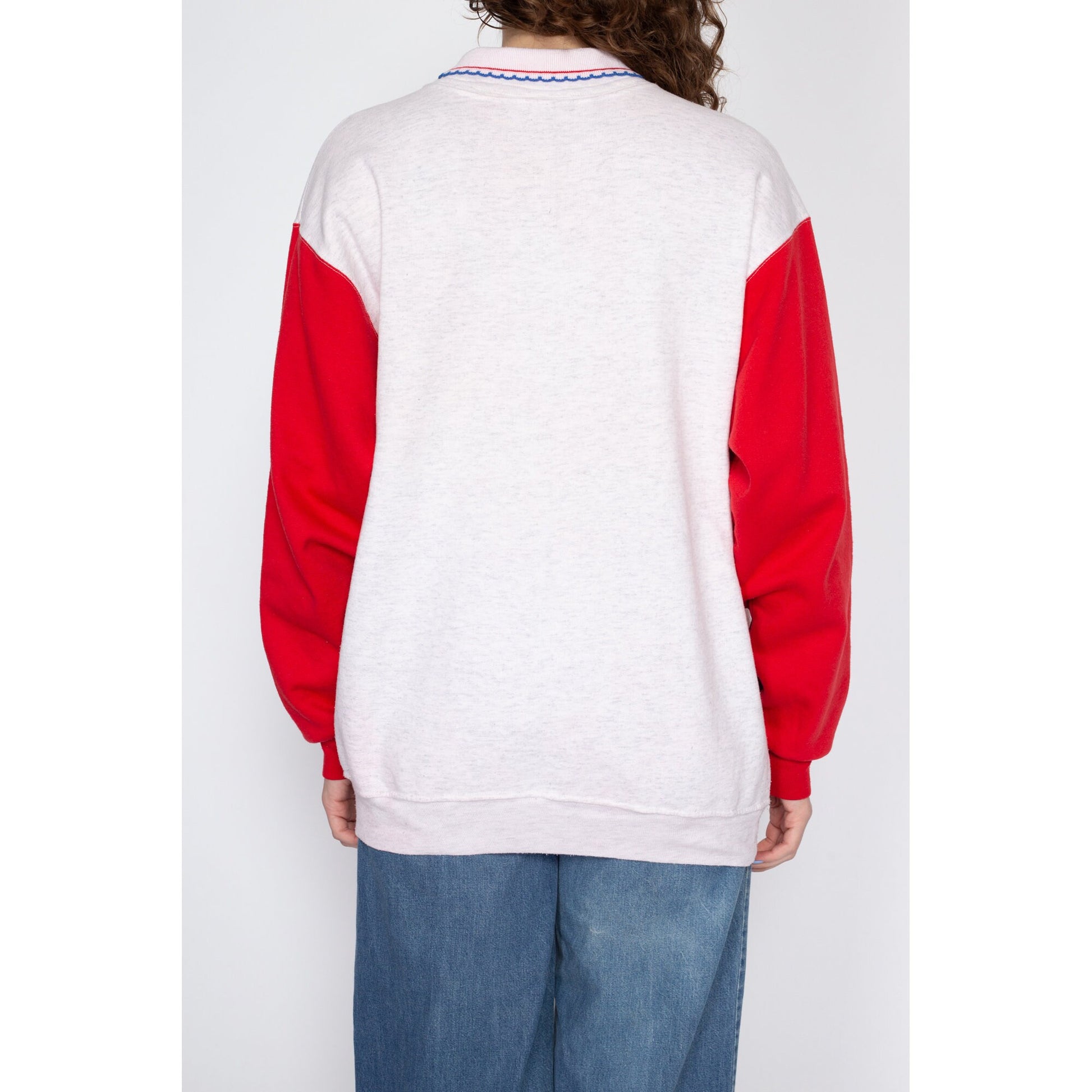 Large 90s Santa Claus Christmas Sweatshirt | Vintage Red Color Block Collared Graphic Pullover