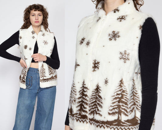 XL 90s Fleece Snowflake Vest | Vintage Zip Up Sleeveless Winter Snow Scene All Over Print Sweatshirt Top