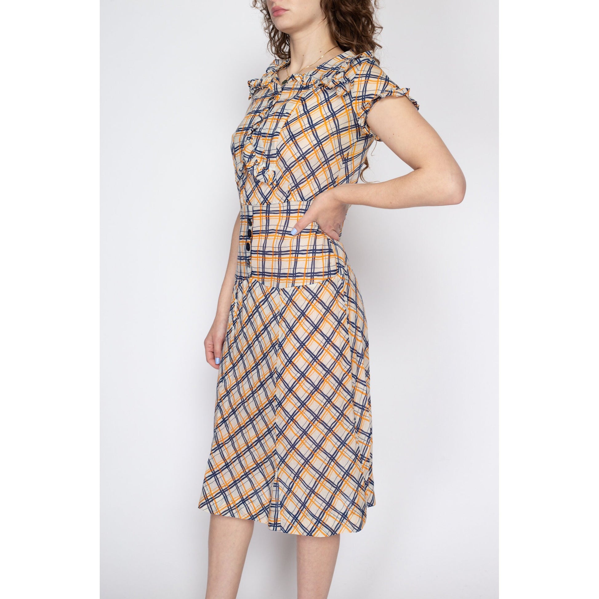 Small 1930s Plaid Ruffle Drop Waist Day Dress | Vintage 30s 40s Collared Midi Shirtdress