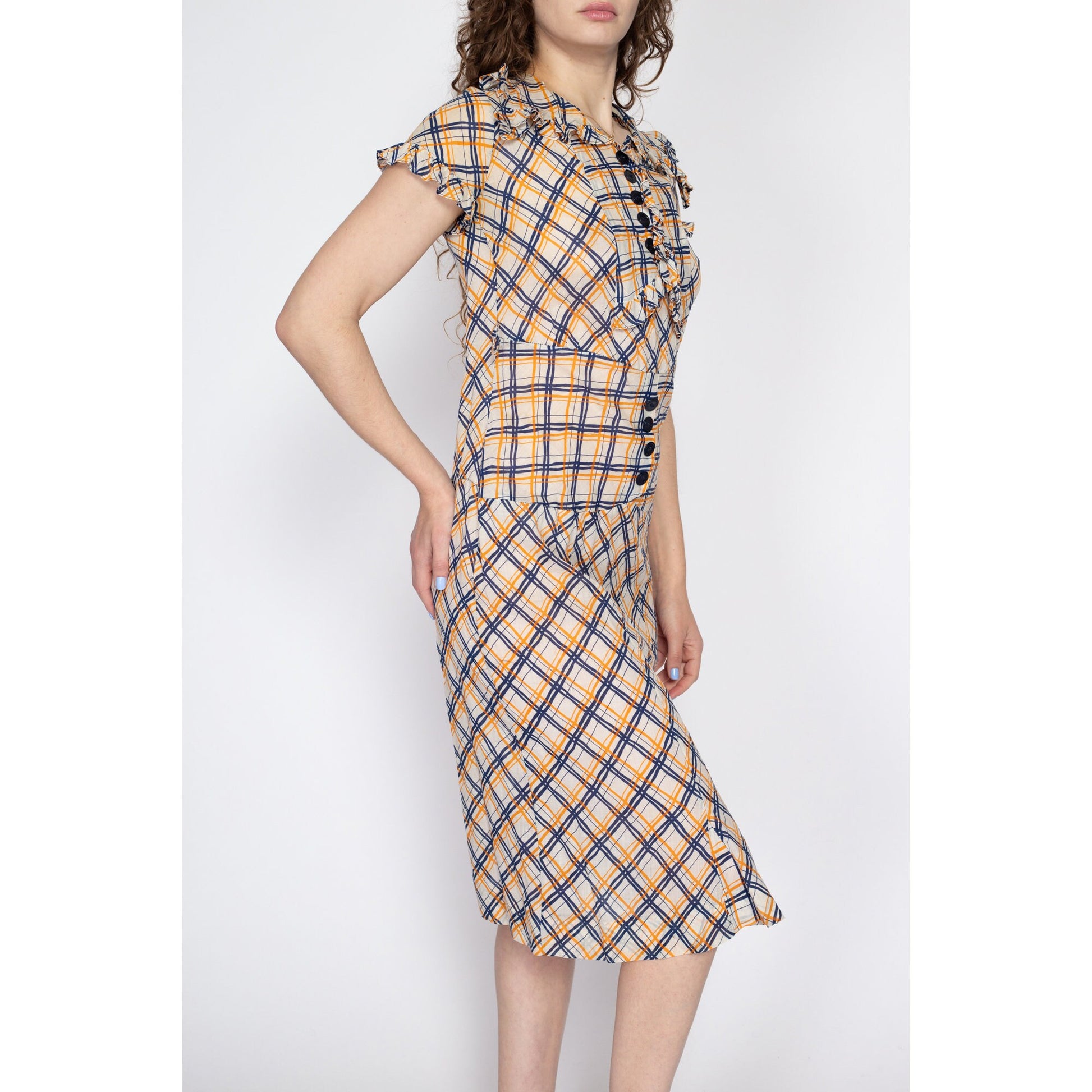 Small 1930s Plaid Ruffle Drop Waist Day Dress | Vintage 30s 40s Collared Midi Shirtdress