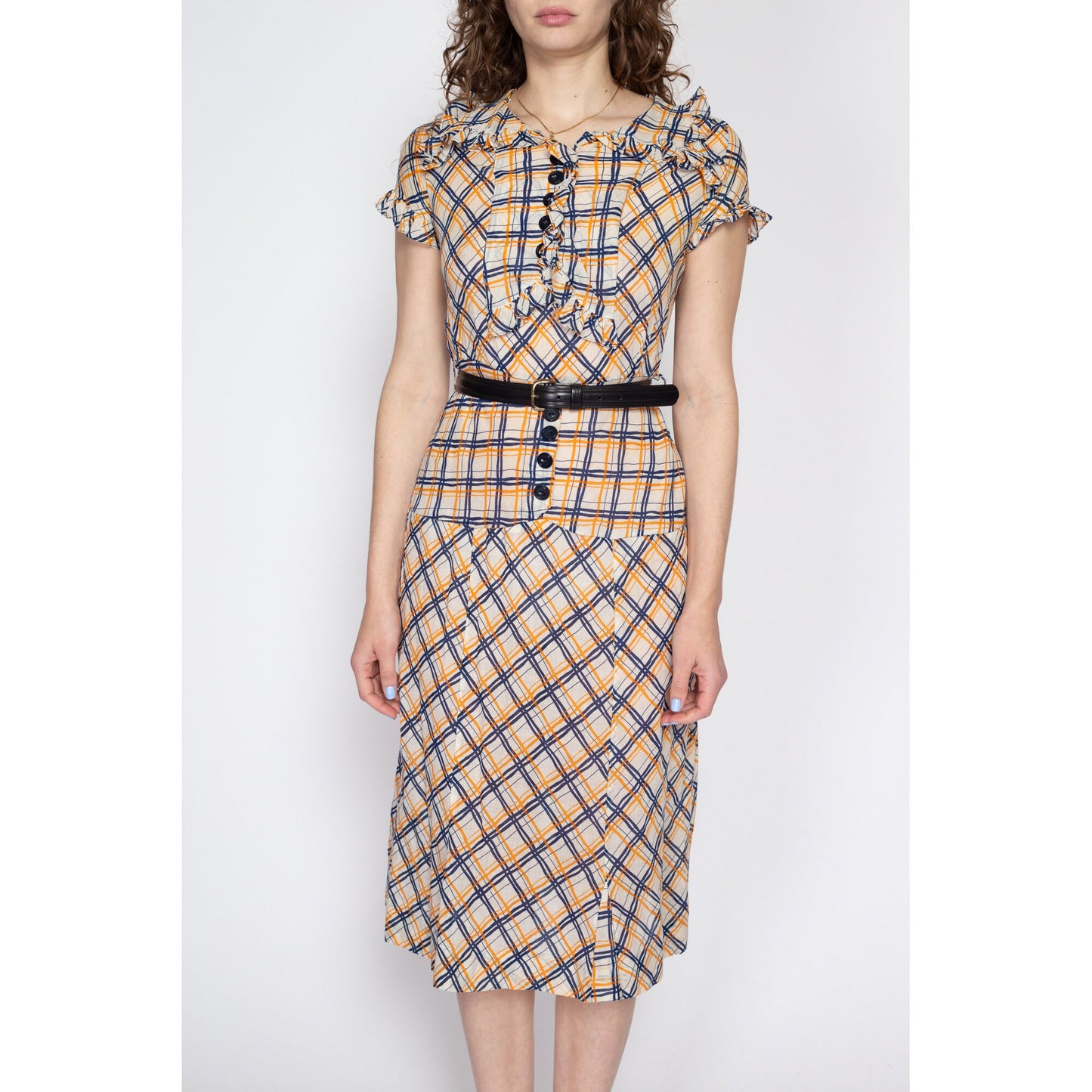 Small 1930s Plaid Ruffle Drop Waist Day Dress | Vintage 30s 40s Collared Midi Shirtdress