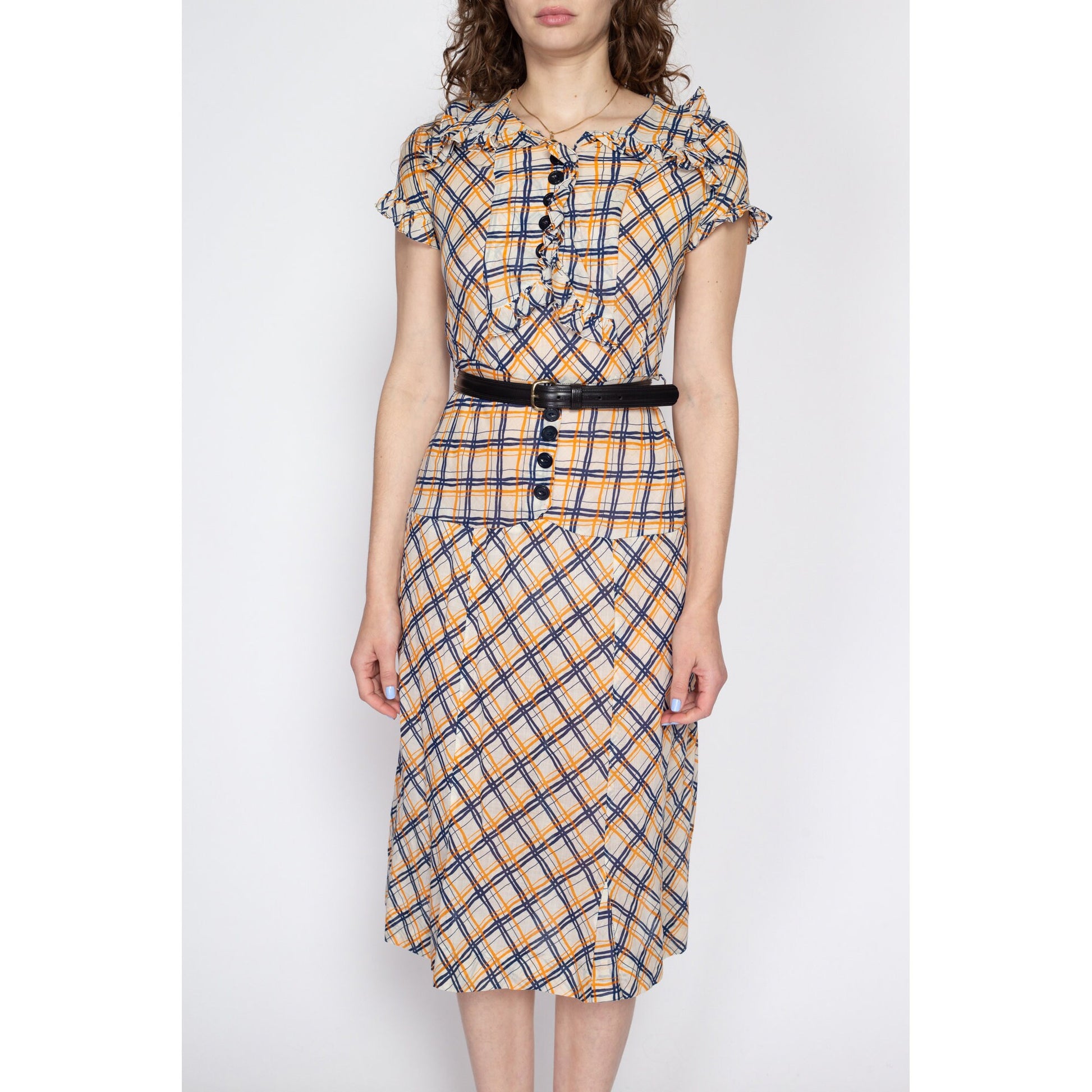 Small 1930s Plaid Ruffle Drop Waist Day Dress | Vintage 30s 40s Collared Midi Shirtdress