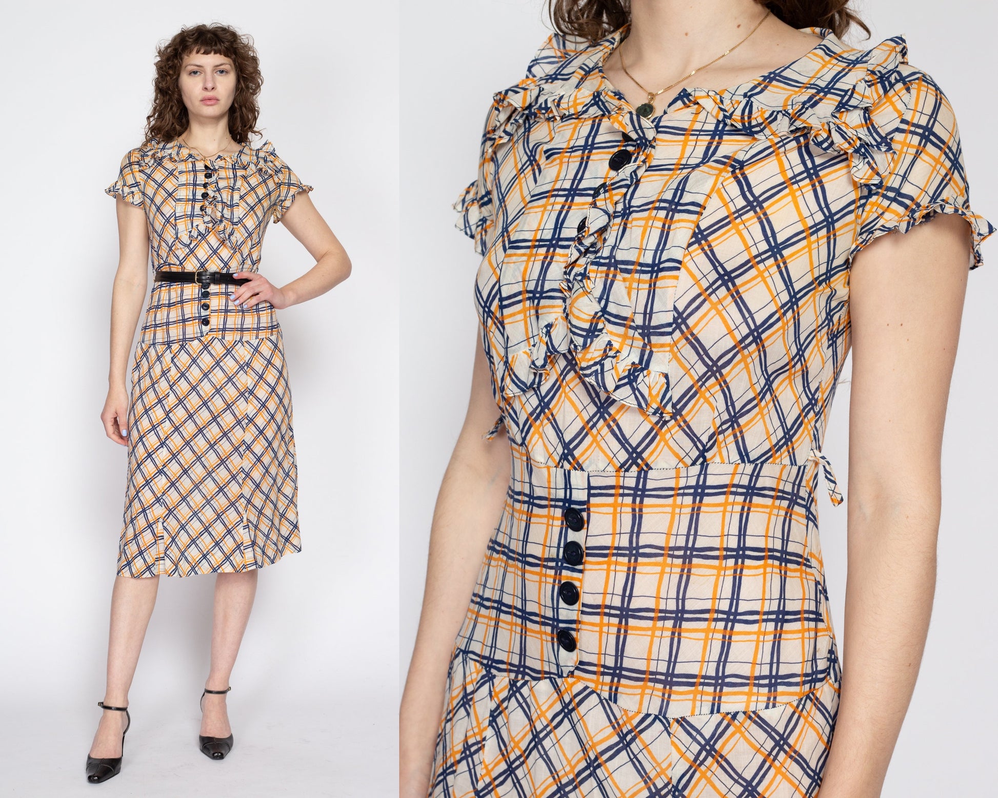 Small 1930s Plaid Ruffle Drop Waist Day Dress | Vintage 30s 40s Collared Midi Shirtdress
