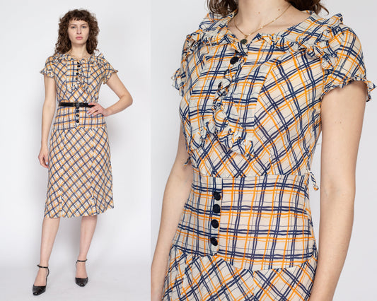 Small 1930s Plaid Ruffle Drop Waist Day Dress | Vintage 30s 40s Collared Midi Shirtdress