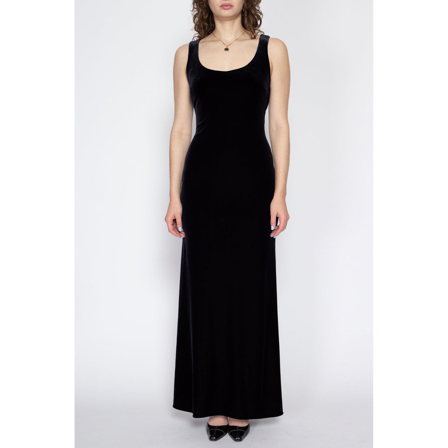 Medium 90s Black Velvet Keyhole Back Maxi Dress | Vintage Niki Livas Open Back Sleeveless Evening Gown
