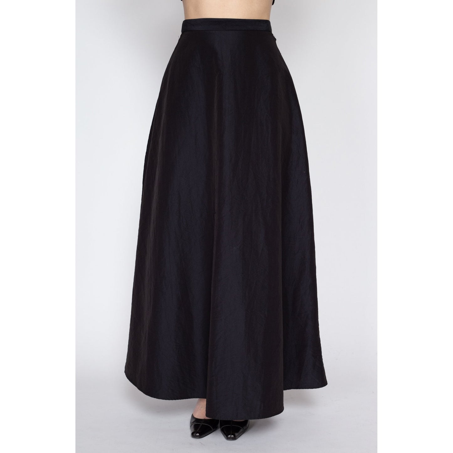 Sm-Med 90s Formal Black Taffeta Maxi Skirt | Vintage Floor Length High Waisted A Line Flowy Skirt