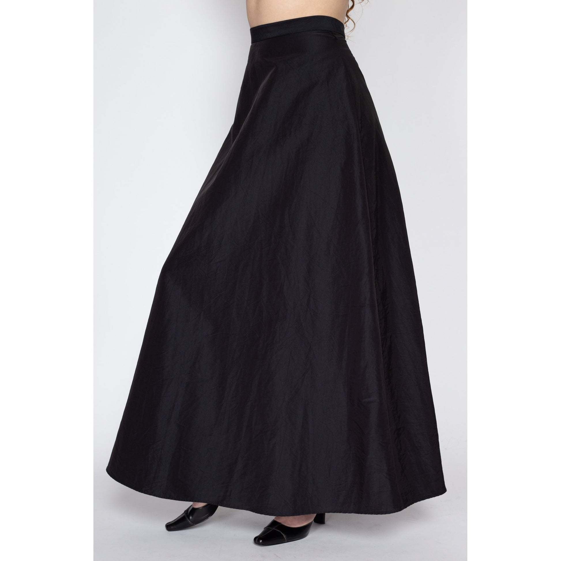 Sm-Med 90s Formal Black Taffeta Maxi Skirt | Vintage Floor Length High Waisted A Line Flowy Skirt