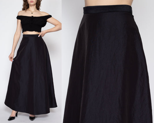 Sm-Med 90s Formal Black Taffeta Maxi Skirt | Vintage Floor Length High Waisted A Line Flowy Skirt