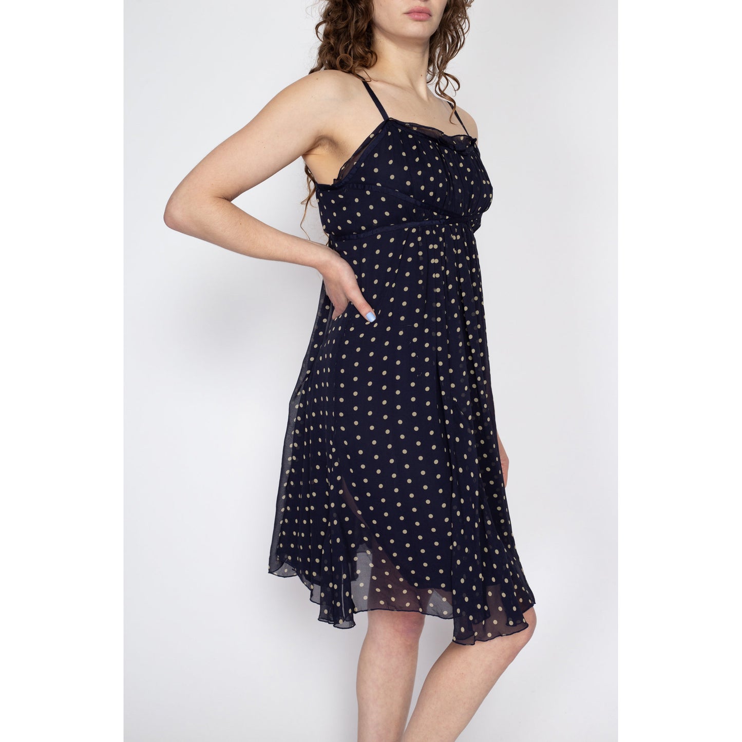 Petite Medium 90s Navy Blue Silk Polka Dot Babydoll Dress | Vintage Spaghetti Strap Crepe Mini Dress