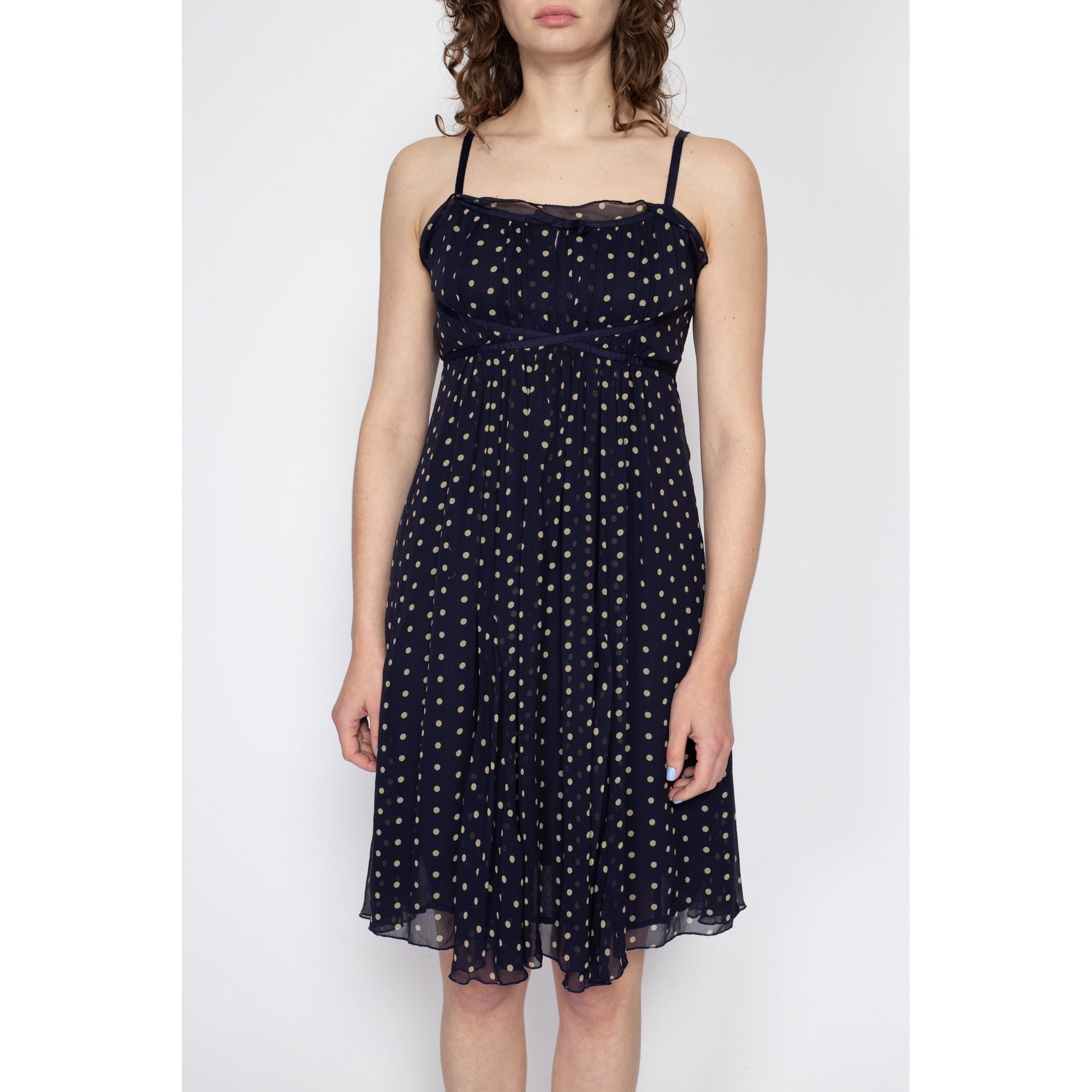 Petite Medium 90s Navy Blue Silk Polka Dot Babydoll Dress | Vintage Spaghetti Strap Crepe Mini Dress
