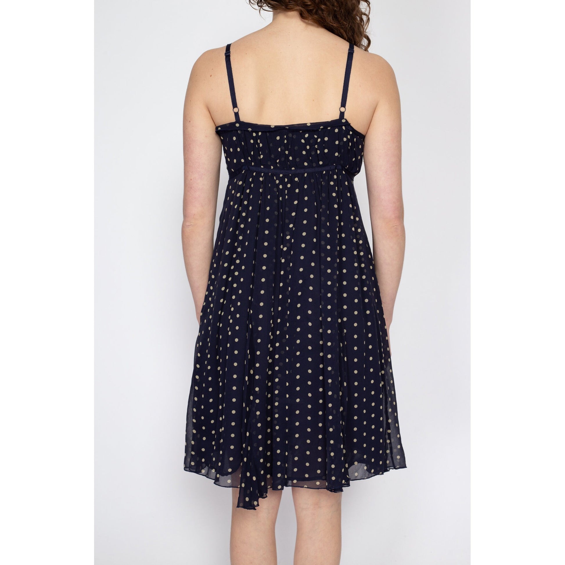 Petite Medium 90s Navy Blue Silk Polka Dot Babydoll Dress | Vintage Spaghetti Strap Crepe Mini Dress