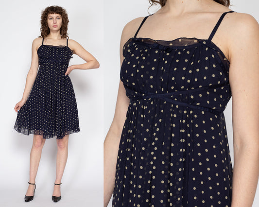Petite Medium 90s Navy Blue Silk Polka Dot Babydoll Dress | Vintage Spaghetti Strap Crepe Mini Dress