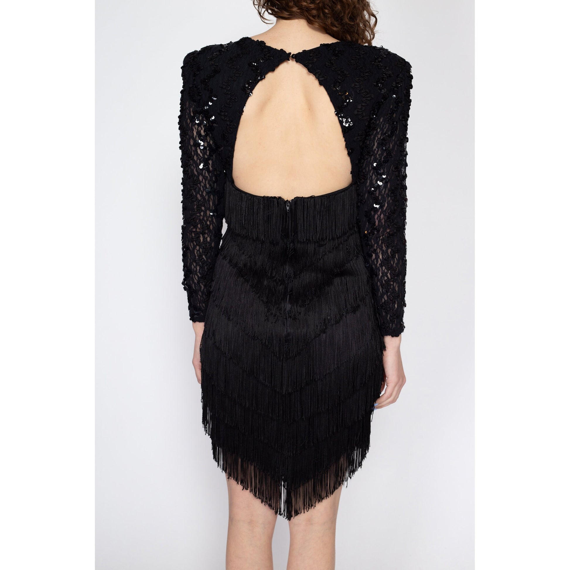black sequin fringe dress Sm-Med 80s Black Sequin Fringe Backless Party Dress – Flying Apple Vintage