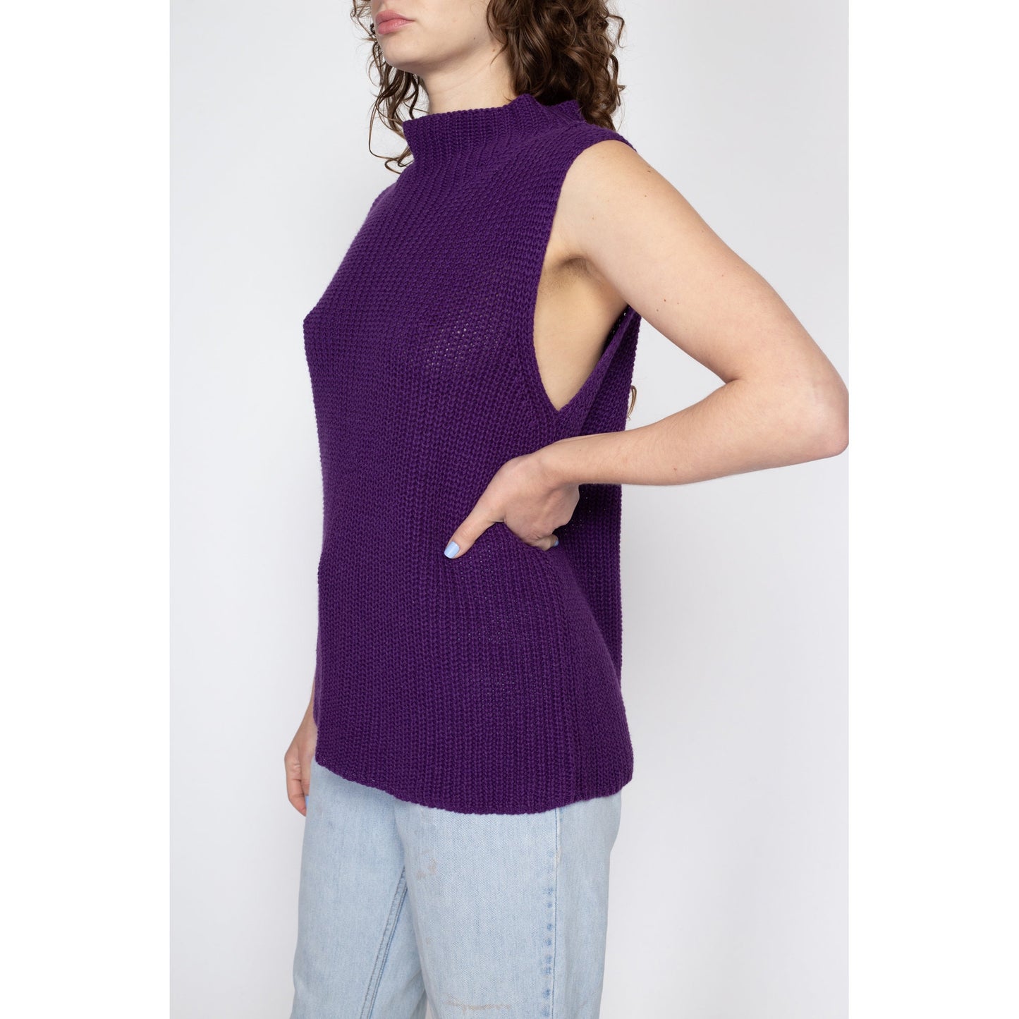 XL 80s Purple Knit Sleeveless Sweater | Vintage Mockneck Cotton Ramie Low Armhole Vest Top