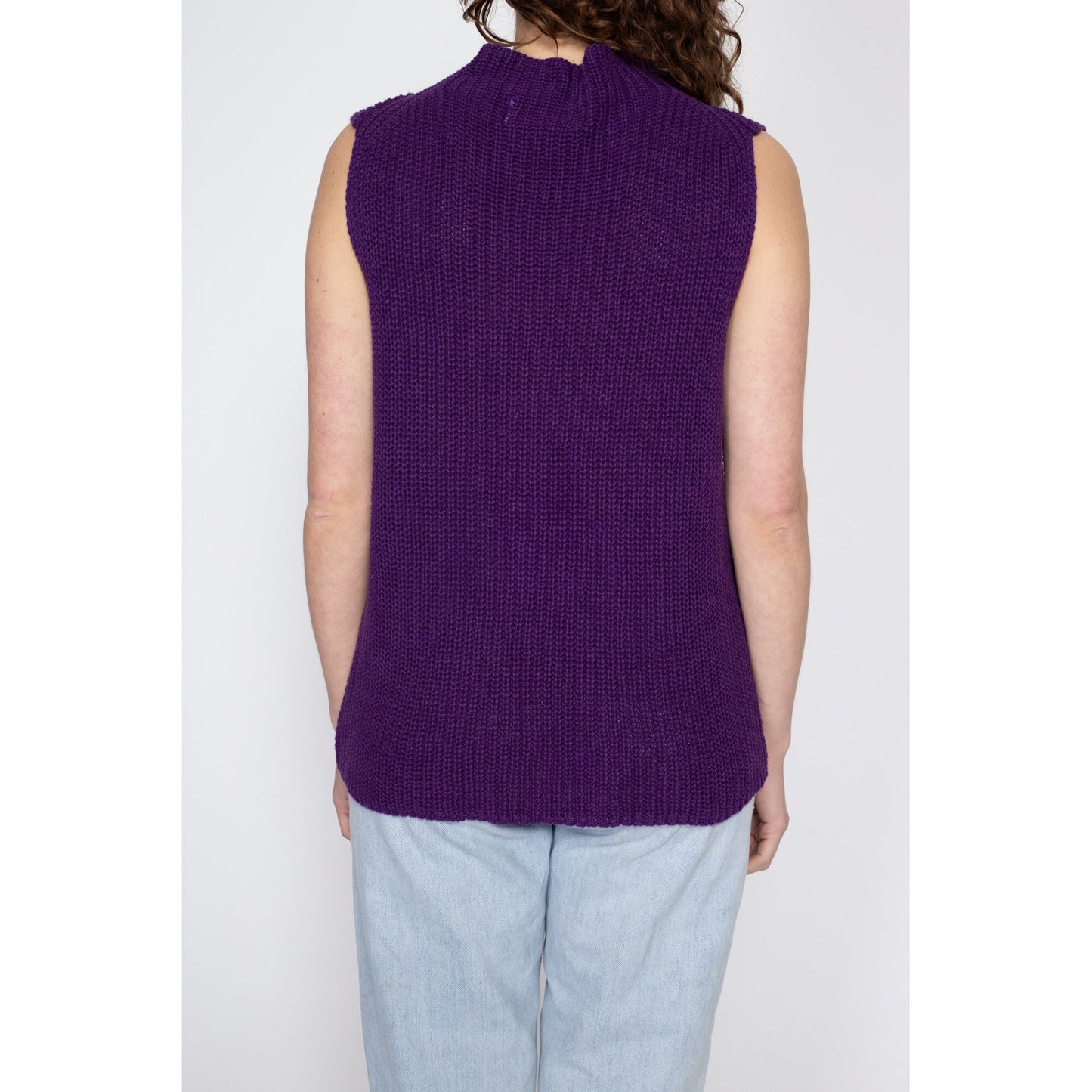 XL 80s Purple Knit Sleeveless Sweater | Vintage Mockneck Cotton Ramie Low Armhole Vest Top