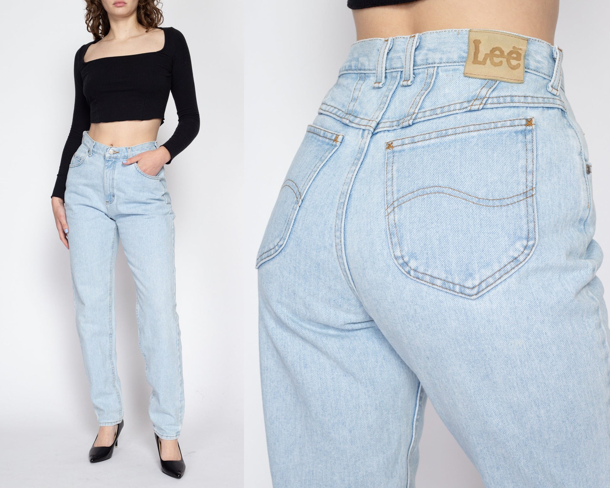 Small 90s Lee High Waisted Light Wash Jeans 27" | Vintage Denim Tapered Leg Mom Jeans
