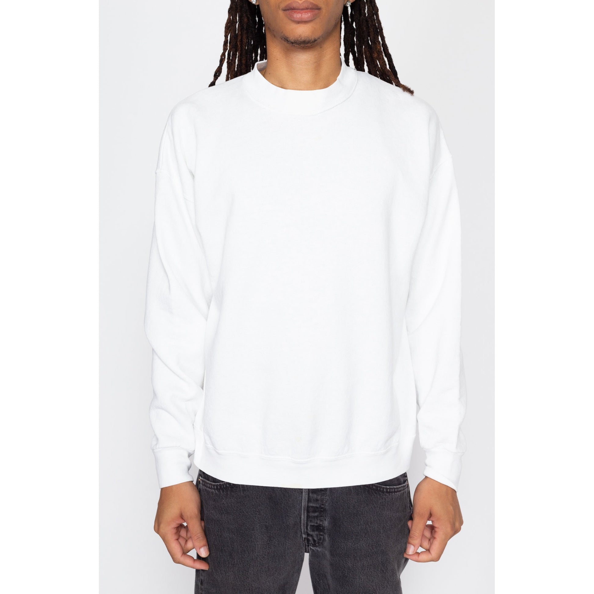 Lrg-XL 90s White Crewneck Sweatshirt | Vintage Men's Blank Plain Pullover