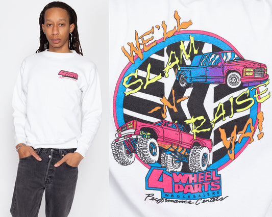 Medium 90s 4 Wheel Parts Trucker Sweatshirt | Vintage White Neon Graphic Car Crewneck