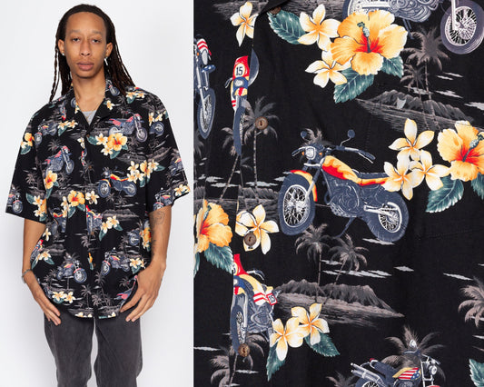 3X 90s Hawaiian Motorcycle All Over Print Biker Shirt | Vintage Black Short Sleeve Collared Aloha Button Up