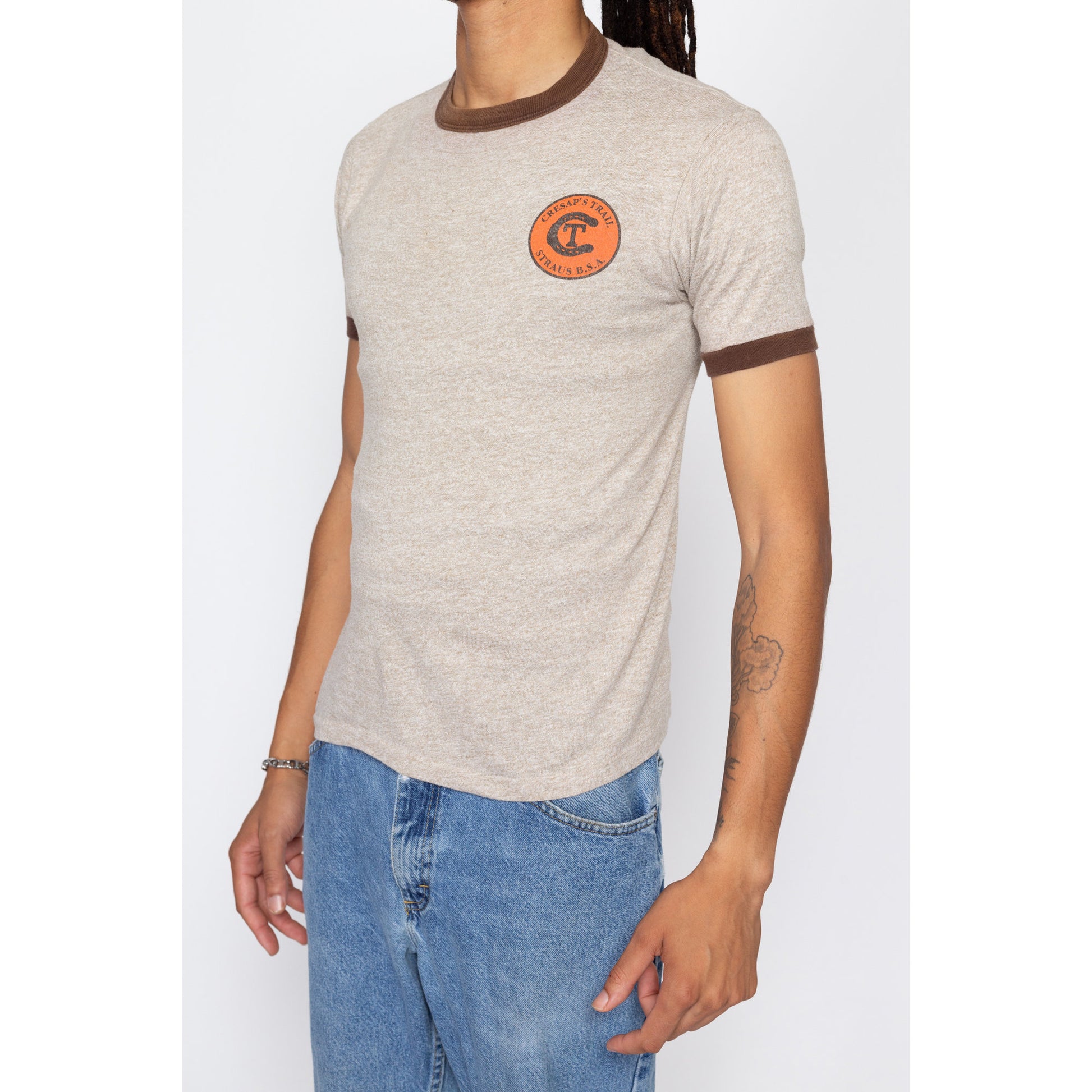 Small 80s Boy Scouts Brown Ringer T Shirt | Vintage Cresap's Trail Straus BSA Two Tone Graphic Tee