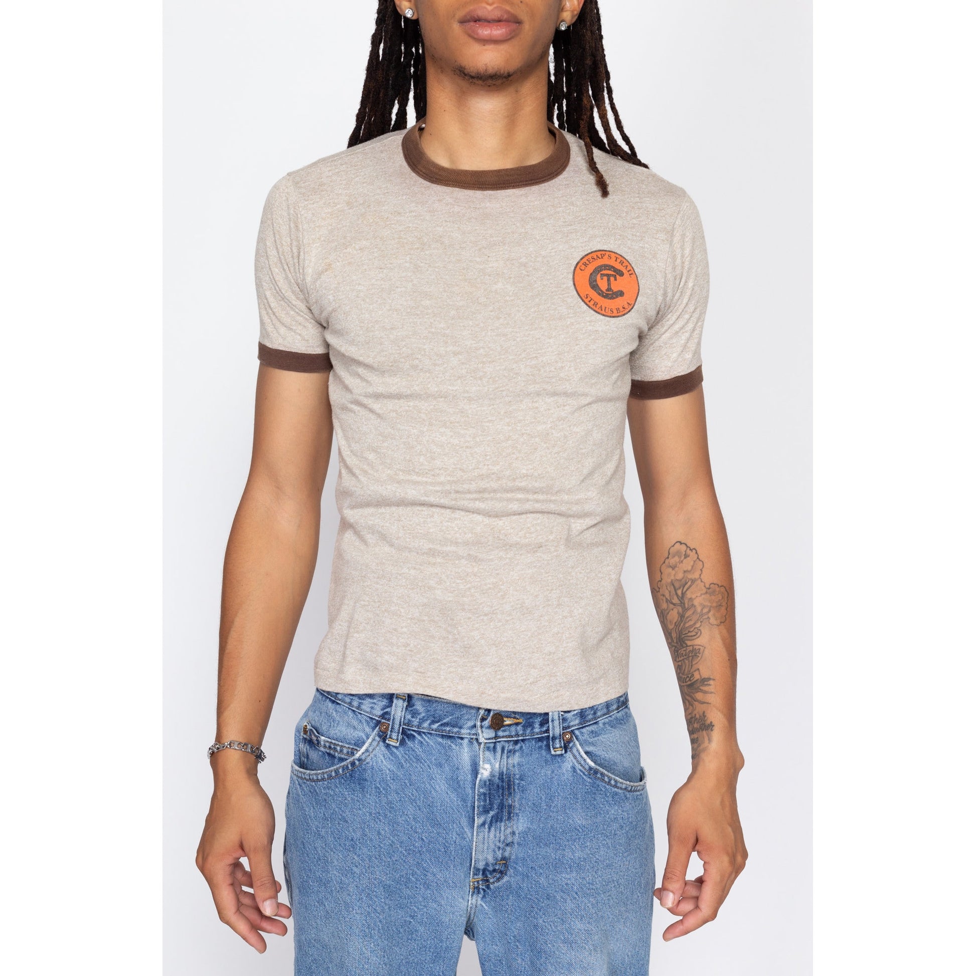 Small 80s Boy Scouts Brown Ringer T Shirt | Vintage Cresap's Trail Straus BSA Two Tone Graphic Tee