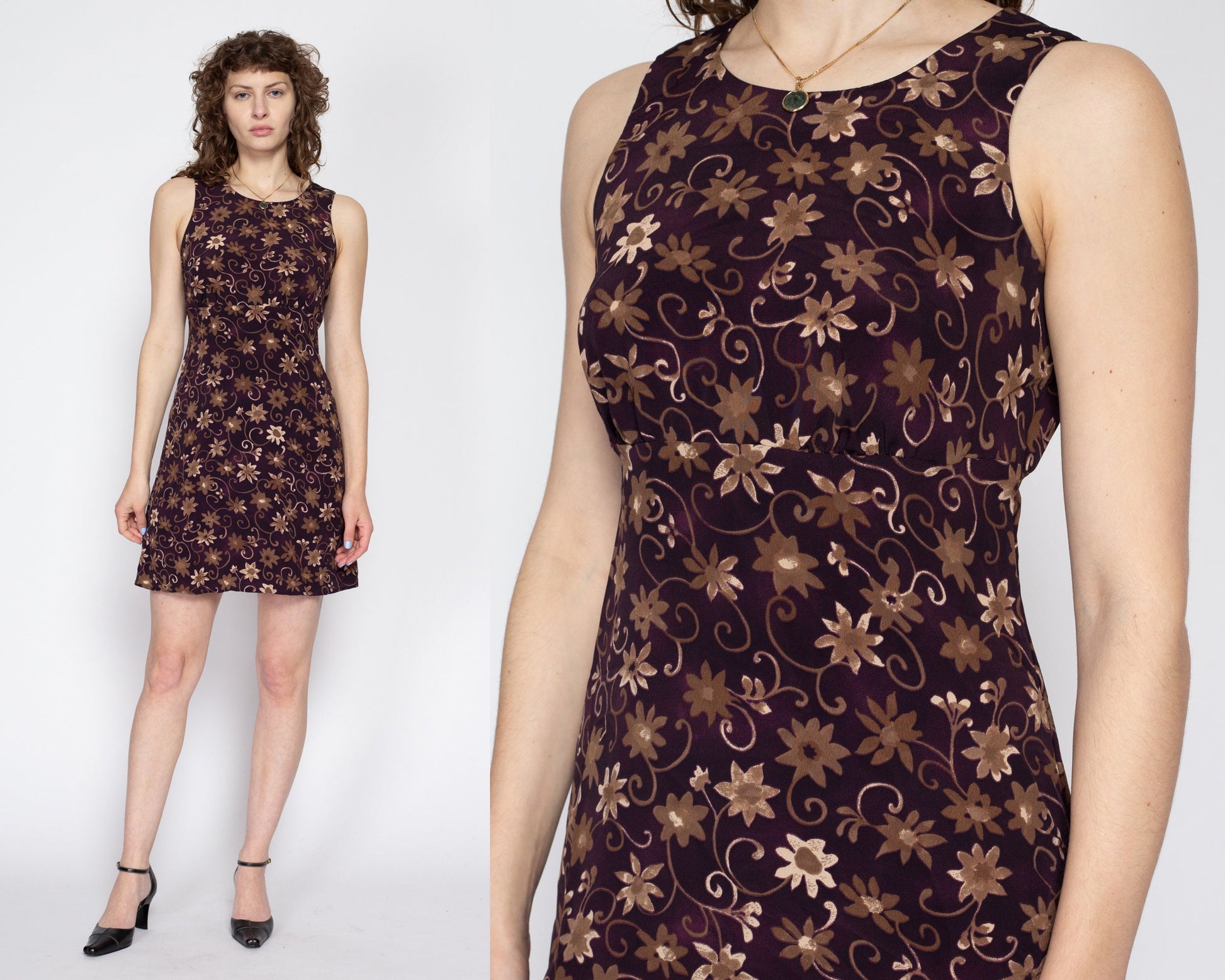 Sm-Med 90s Plum Daisy Floral Mini Dress | Vintage A Line Sleeveless Scoop Neck Sundress