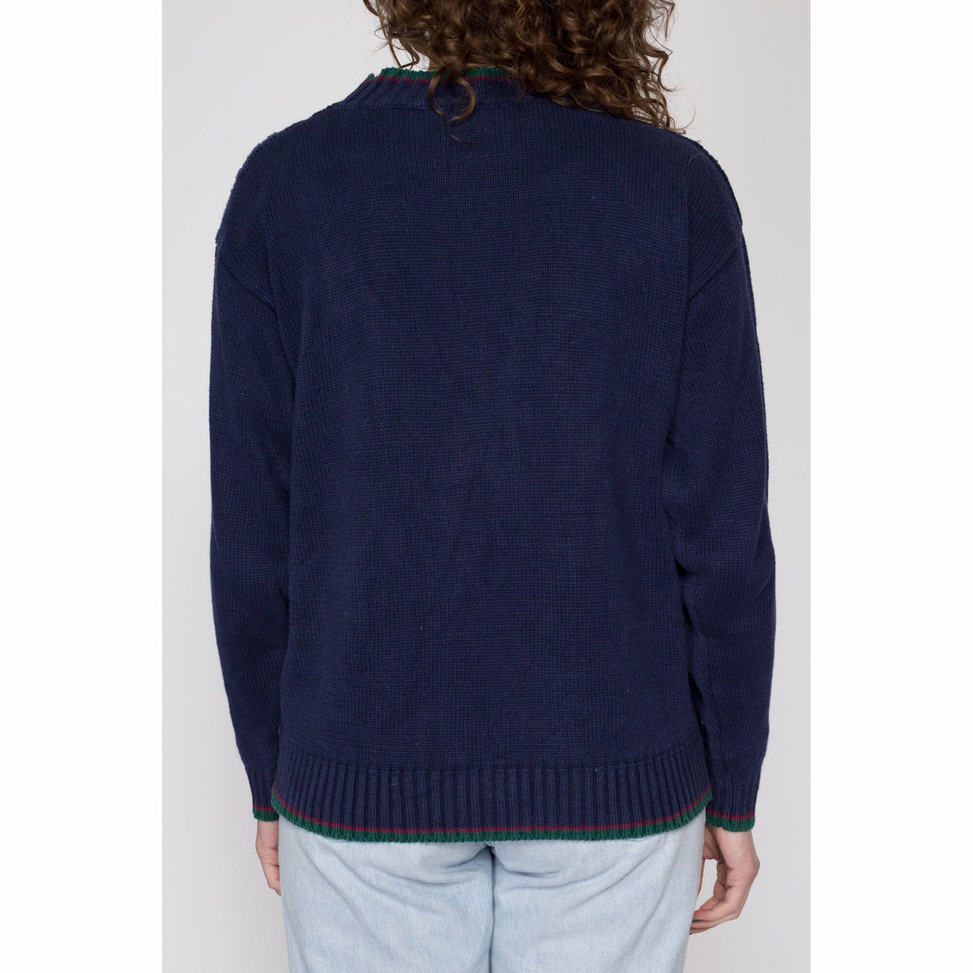 Medium 80s Jantzen Navy Blue Argyle Cable Knit Sweater | Vintage Slouchy Ramie Cotton Pullover Jumper