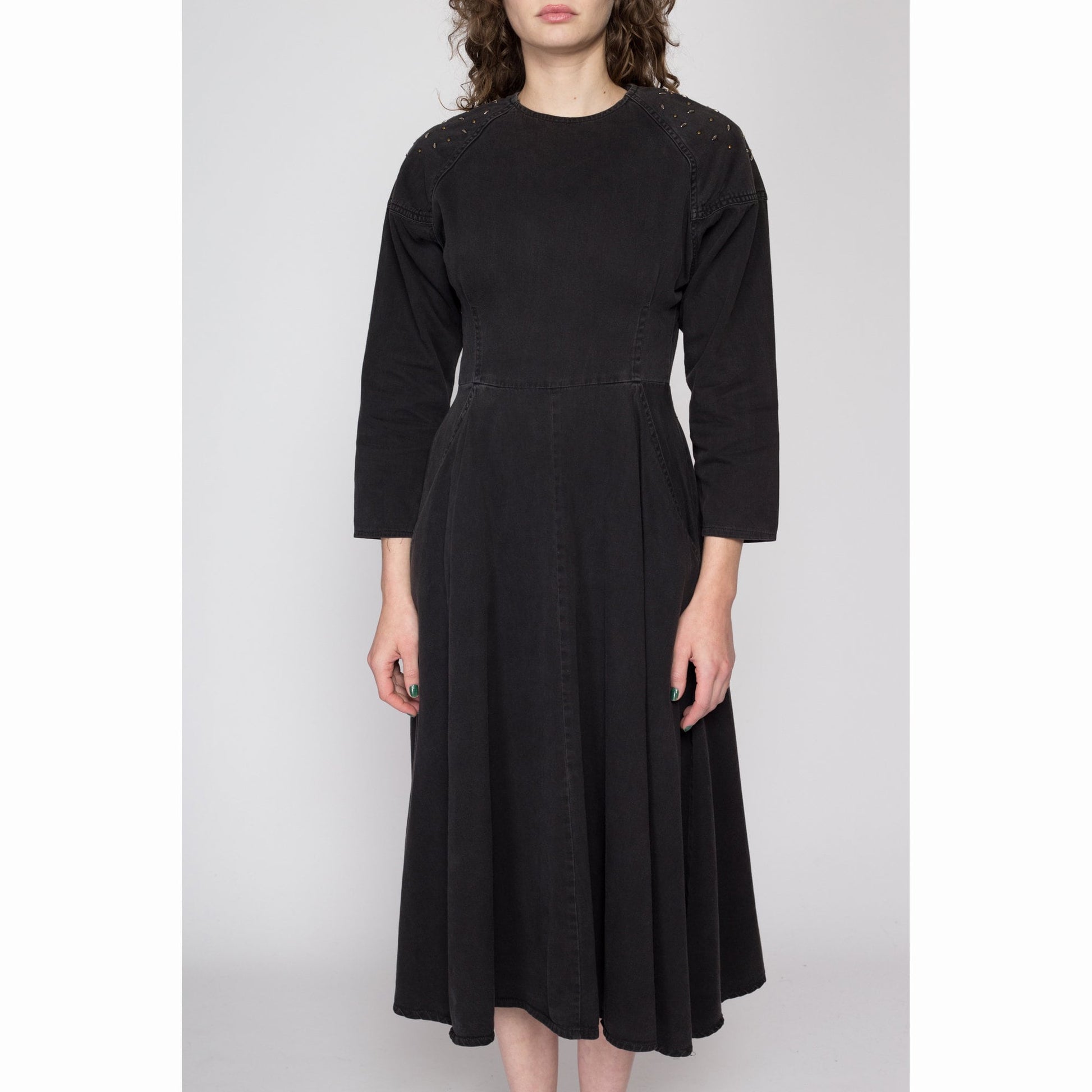 Small 80s Black Studded Button Back Midi Dress | Vintage Dolman Sleeve Shoulder Pad Cotton Twill Pocket Dress