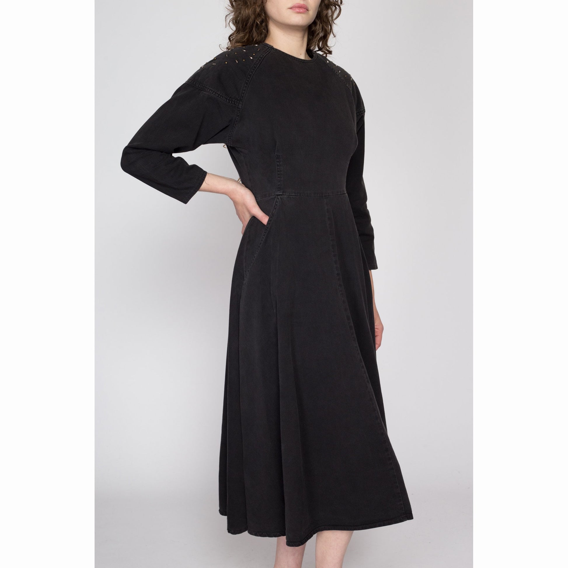Small 80s Black Studded Button Back Midi Dress | Vintage Dolman Sleeve Shoulder Pad Cotton Twill Pocket Dress