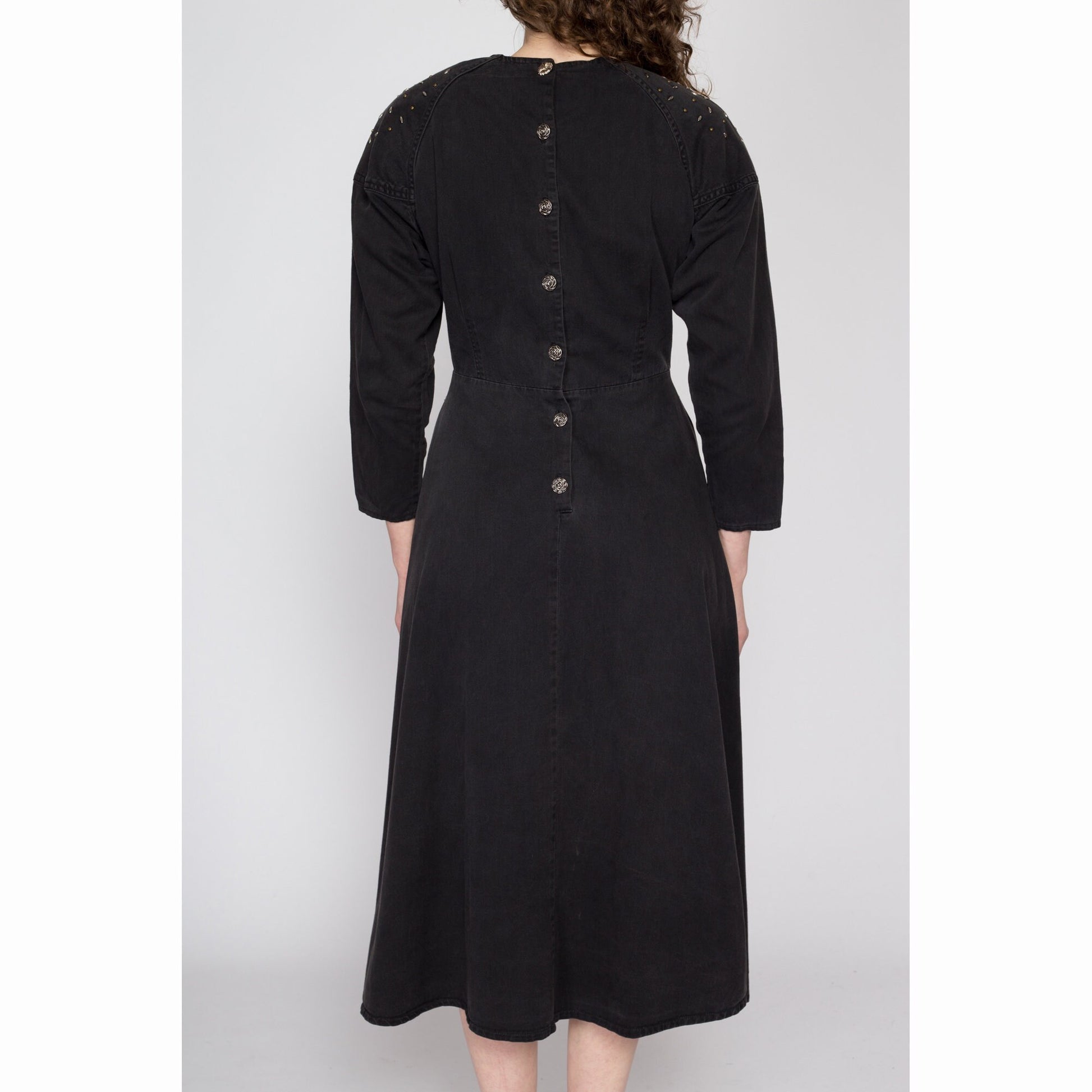 Small 80s Black Studded Button Back Midi Dress | Vintage Dolman Sleeve Shoulder Pad Cotton Twill Pocket Dress