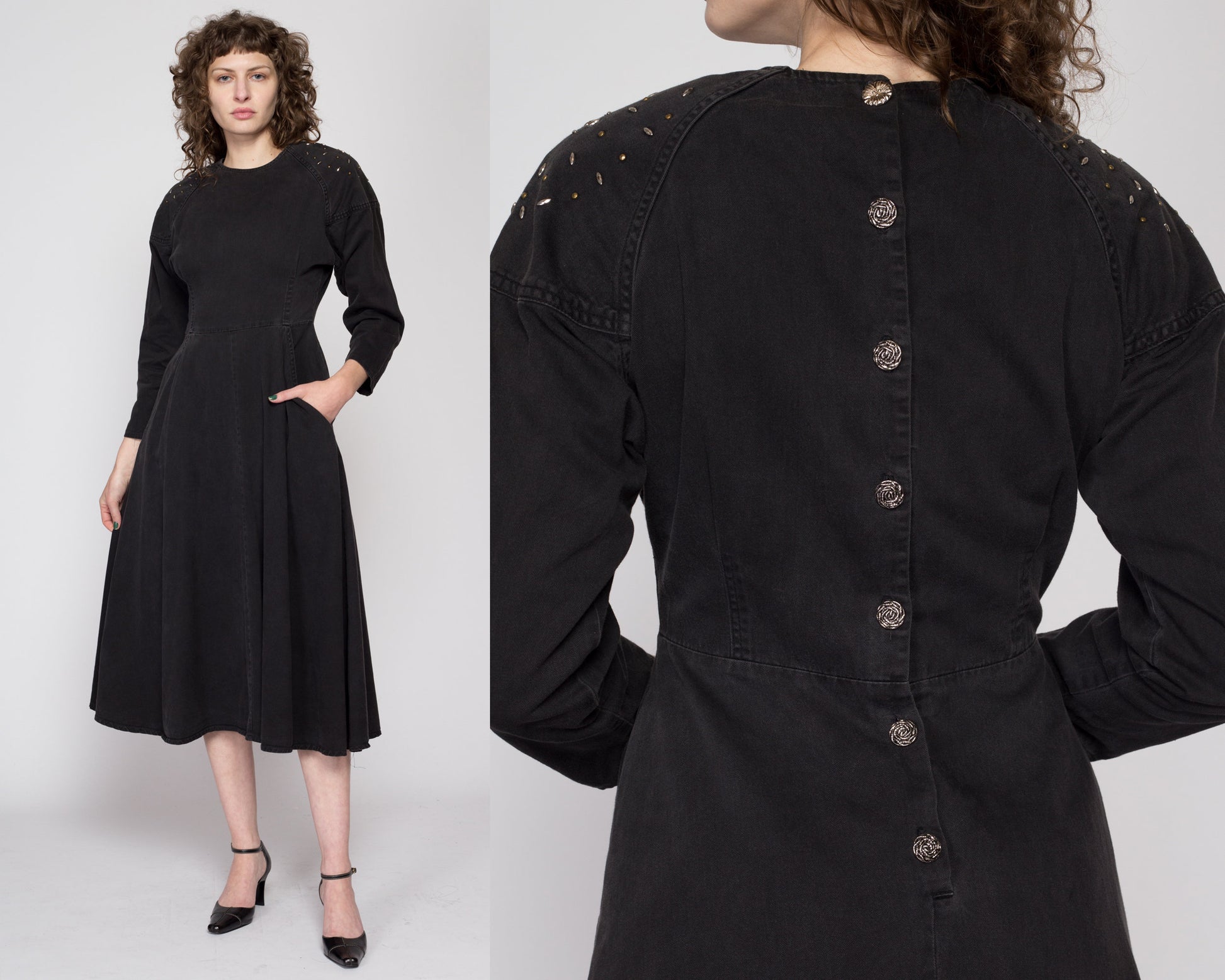 Small 80s Black Studded Button Back Midi Dress | Vintage Dolman Sleeve Shoulder Pad Cotton Twill Pocket Dress