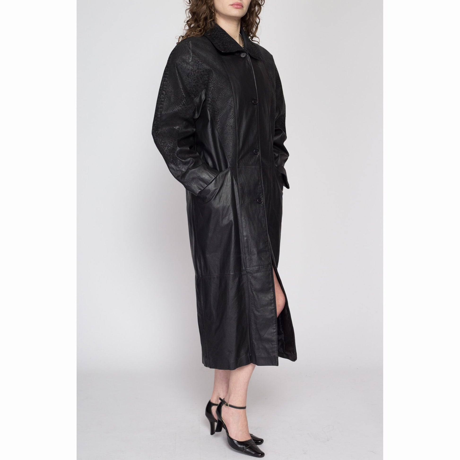 Small 80s Oversize Black Embossed Leather Trench Coat | Vintage Snakeskin Trim Long Maxi Duster Jacket