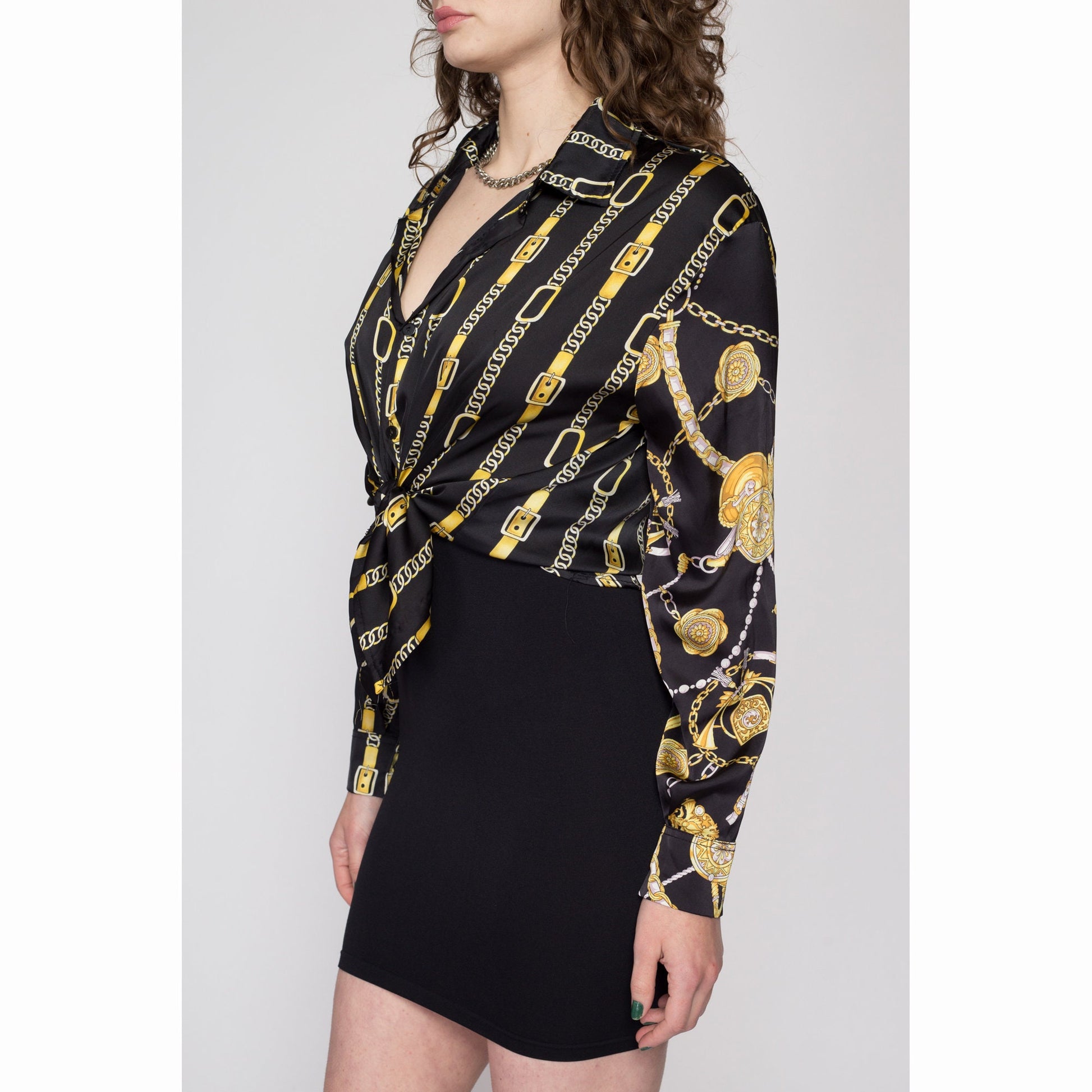 XL 80s Hermès Silk Baroque Equestrian Print Blouse | Vintage French Designer Long Sleeve Secretary Top