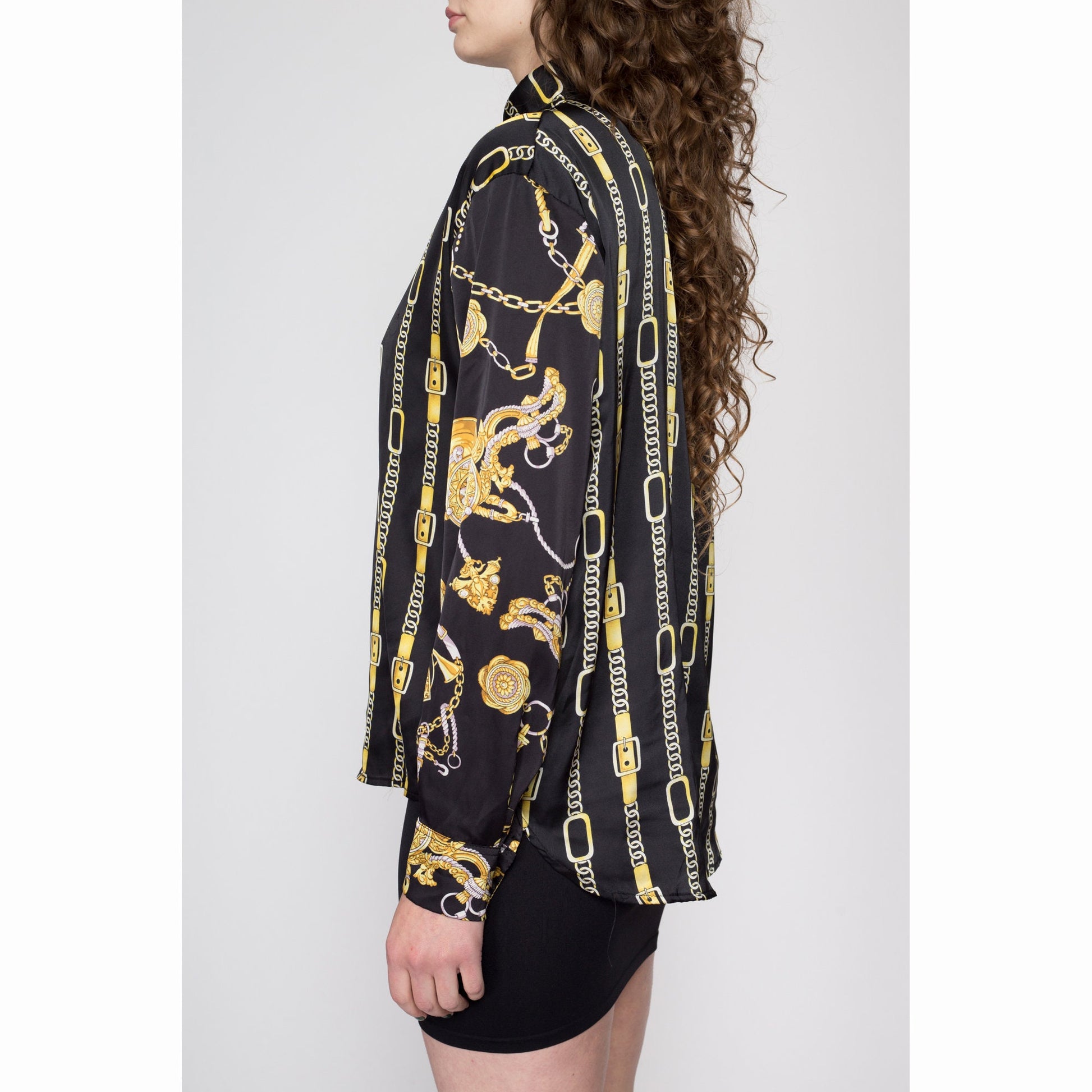 XL 80s Hermès Silk Baroque Equestrian Print Blouse | Vintage French Designer Long Sleeve Secretary Top