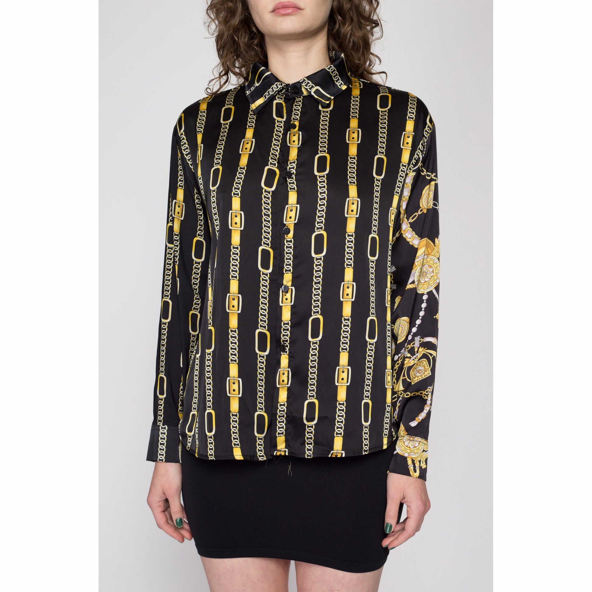 XL 80s Hermès Silk Baroque Equestrian Print Blouse | Vintage French Designer Long Sleeve Secretary Top