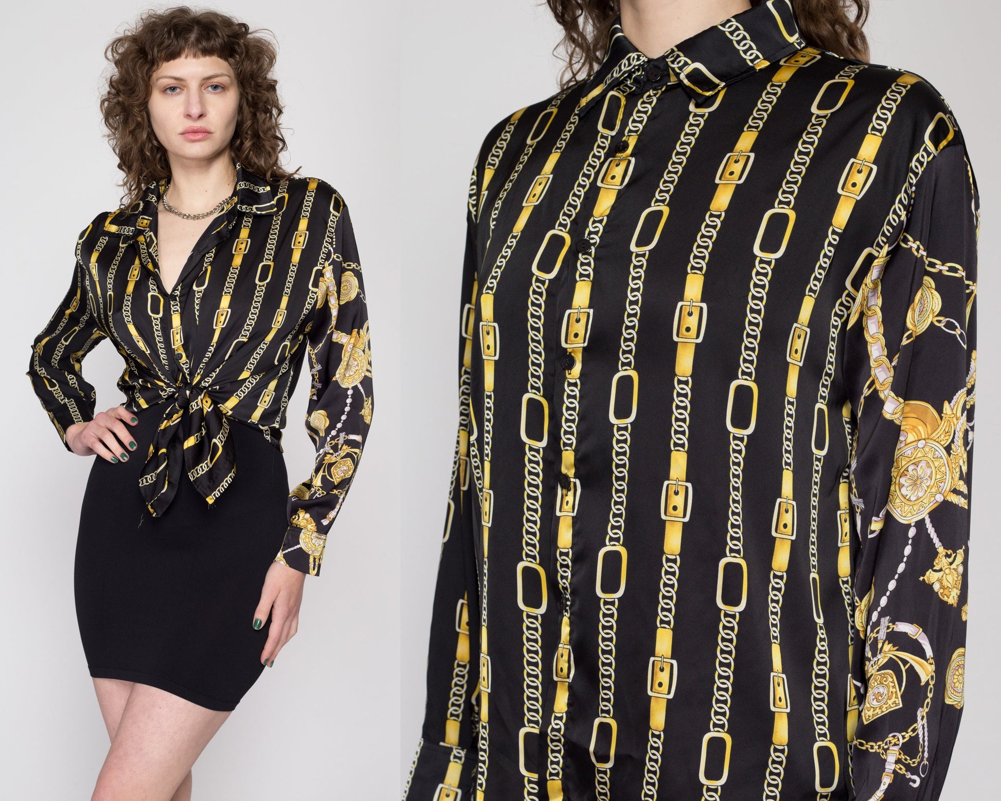 XL 80s Hermès Silk Baroque Equestrian Print Blouse | Vintage French Designer Long Sleeve Secretary Top