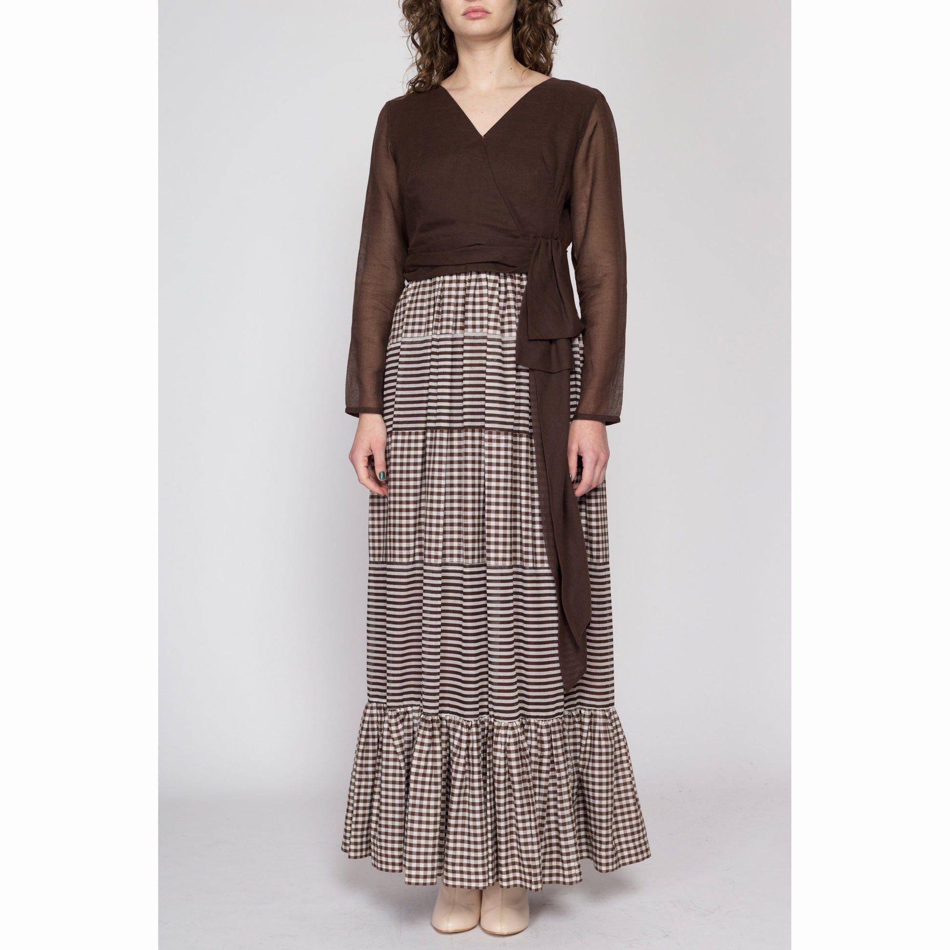 Medium 60s 70s Brown Gingham & Striped Hostess Dress Flying Apple Vintage Medium 60s 70s Brown Gingham & Striped Hostess Dress Flying Apple Vintage