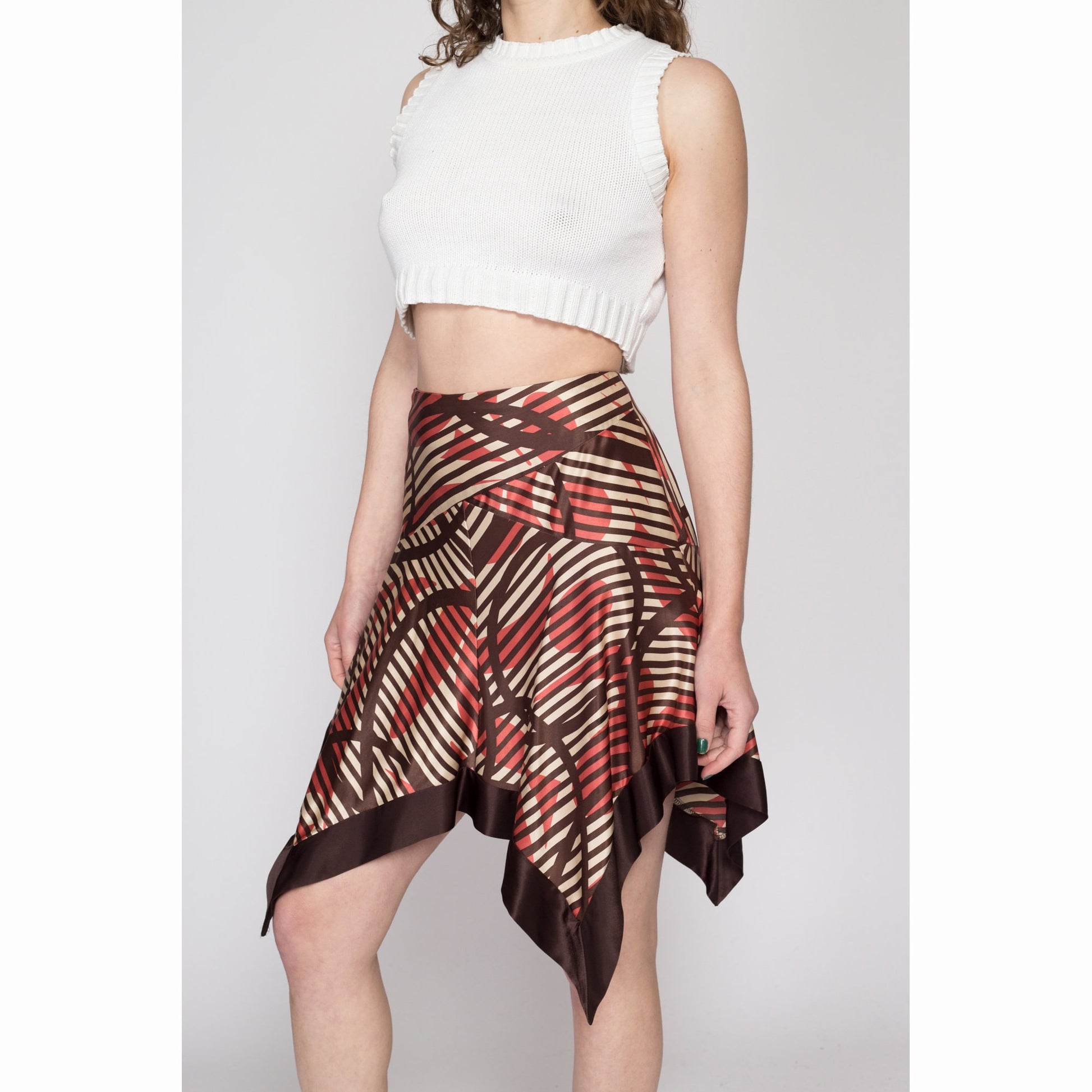 Small 90s Y2K Bebe Silk Striped Fairy Skirt | Vintage Boho Brown Hanky Scarf Hem Low Rise Slip Skirt