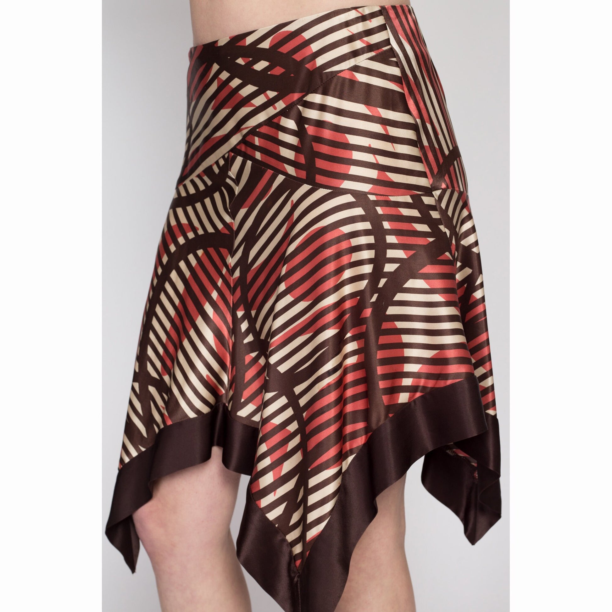 Small 90s Y2K Bebe Silk Striped Fairy Skirt | Vintage Boho Brown Hanky Scarf Hem Low Rise Slip Skirt
